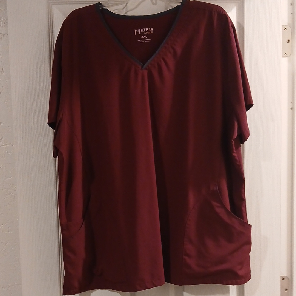 Maroon V-Neck Scrub Top With Gray Accent